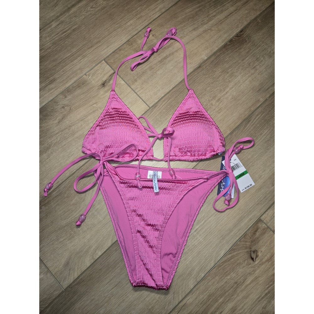 Stella Rose Pink Smocked Triangle Bikini Set Two Piece Swimsuit Large NWT